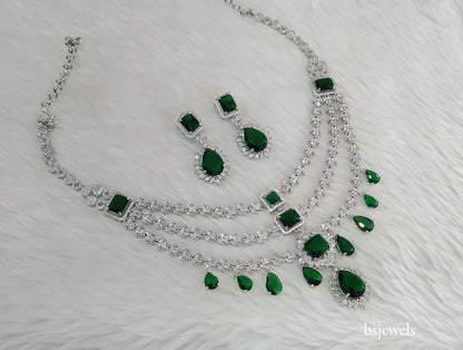 Silver Green American Diamond Ad Jasnoor Necklace Set