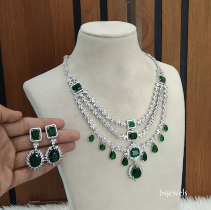 Silver Green American Diamond Ad Jasnoor Necklace Set