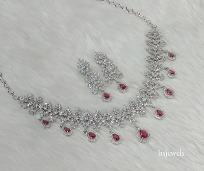 Silver Ruby American Diamond Ad Jassu Necklace Set