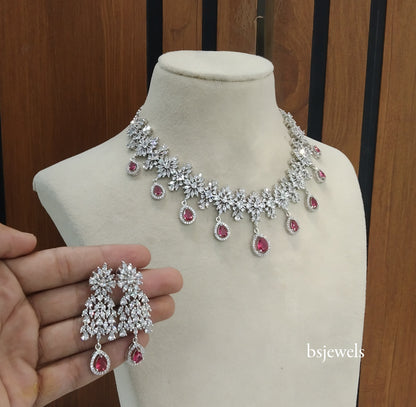Silver Ruby American Diamond Ad Jassu Necklace Set