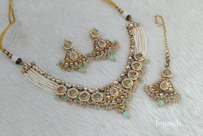 Gold Mint pink Kundan Necklace Pinki sets