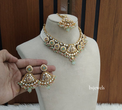 Gold Mint pink Kundan Necklace Pinki sets