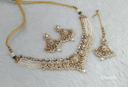 Gold White Kundan Necklace Pinki sets