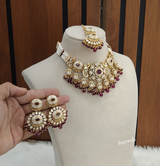 Gold Purple Kundan Choker Jewellery Priyanka Sets