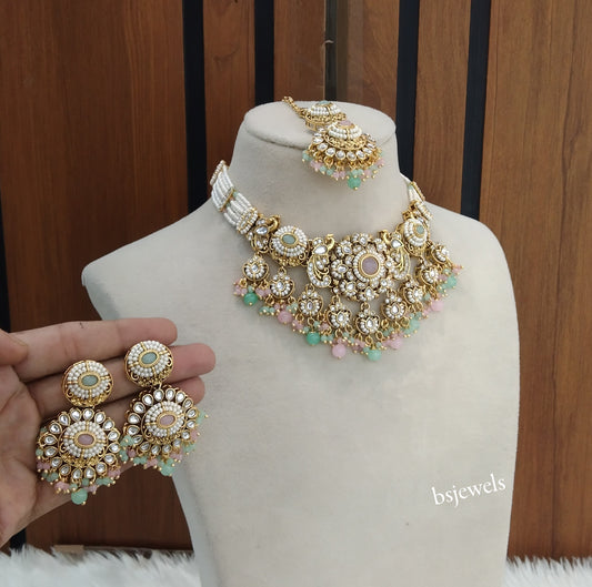 Gold Mint Pink Kundan Choker Jewellery Priyanka Sets