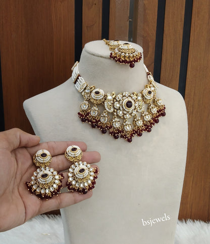 Gold Maroon Kundan Choker Jewellery Priyanka Sets