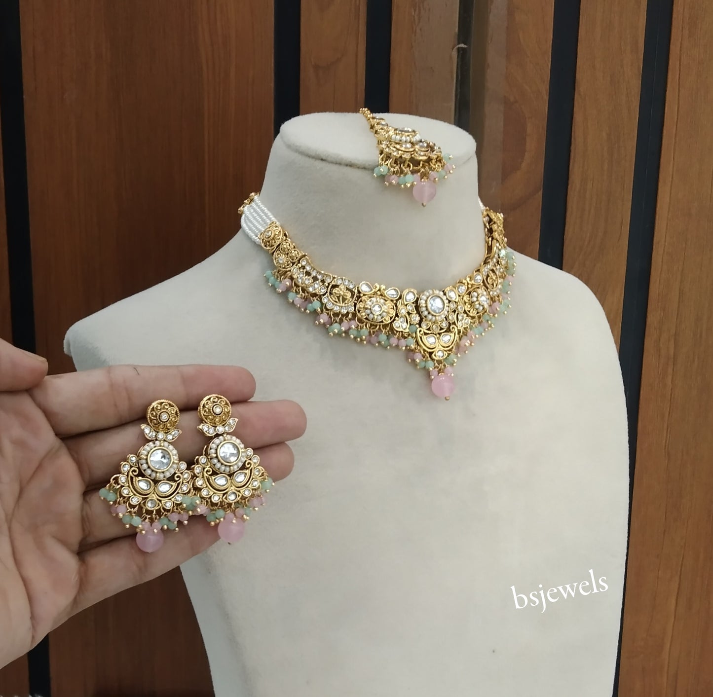 Gold Mint Pink Kundan Choker Jewellery Gopi Sets