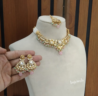 Gold Mint Pink Kundan Choker Jewellery Gopi Sets