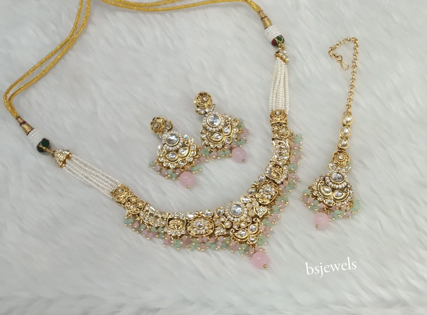 Gold Mint Pink Kundan Choker Jewellery Gopi Sets