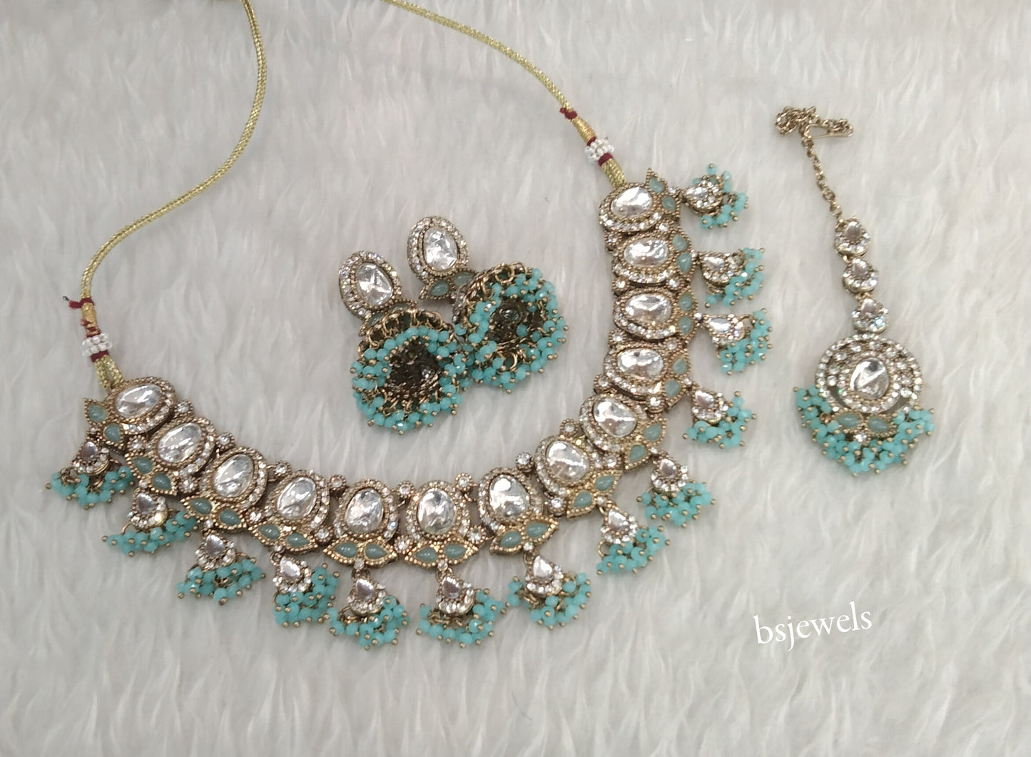 Antique Sky Blue Kundan Necklace Jewellery Geet Set