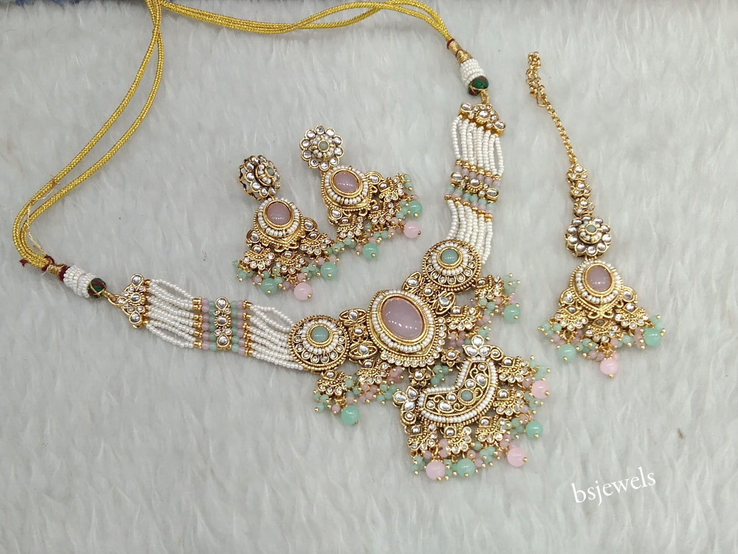 Gold Mint Pink Kundan Choker Jewellery Urvi Sets