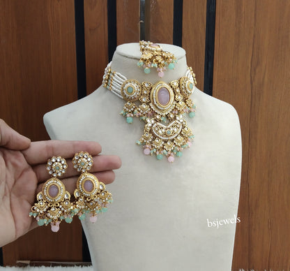 Gold Mint Pink Kundan Choker Jewellery Urvi Sets