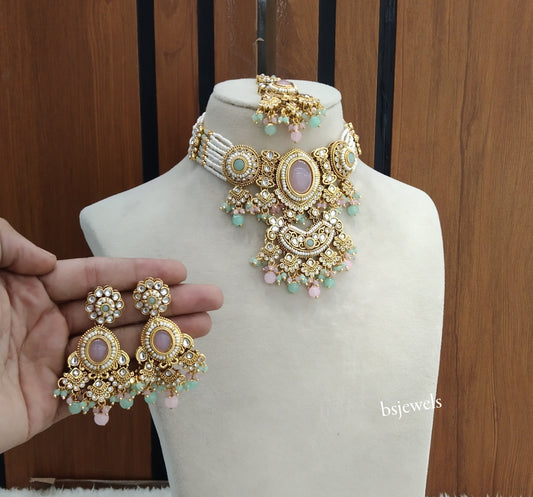 Gold Mint Pink Kundan Choker Jewellery Urvi Sets