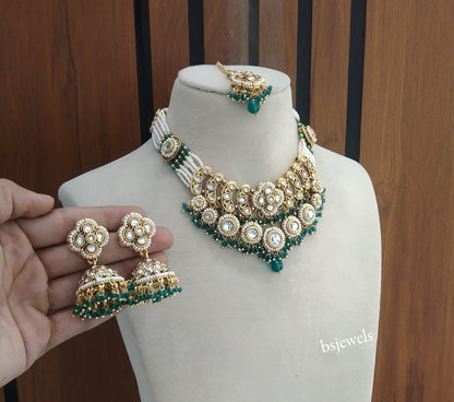 Gold Rama Green Kundan Necklace Diya sets