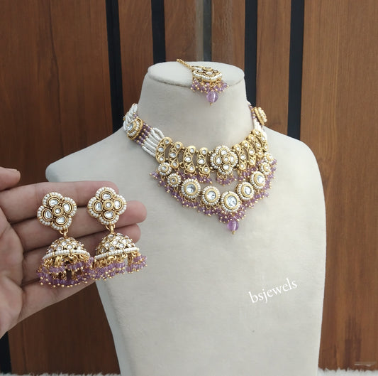 Gold Purple Kundan Necklace Diya sets