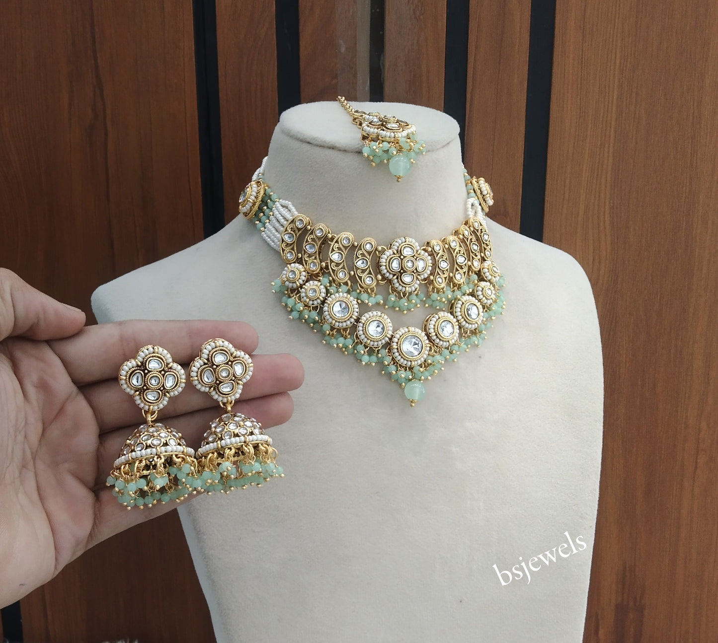 Gold Mint Kundan Necklace Diya sets
