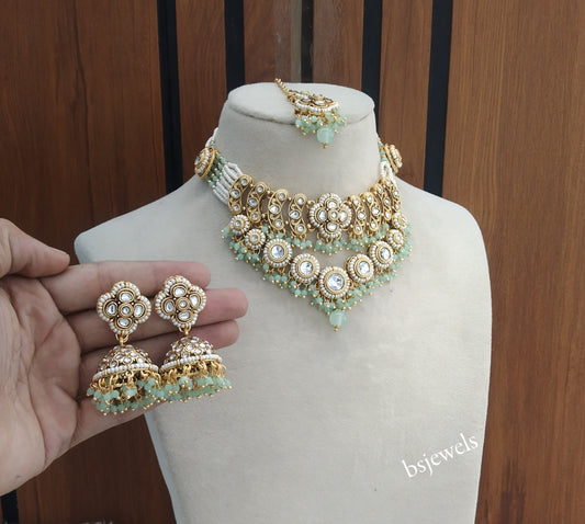 Gold Mint Kundan Necklace Diya sets