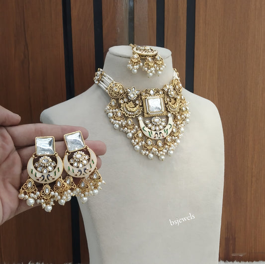 Gold White Kundan Necklace Hiya sets