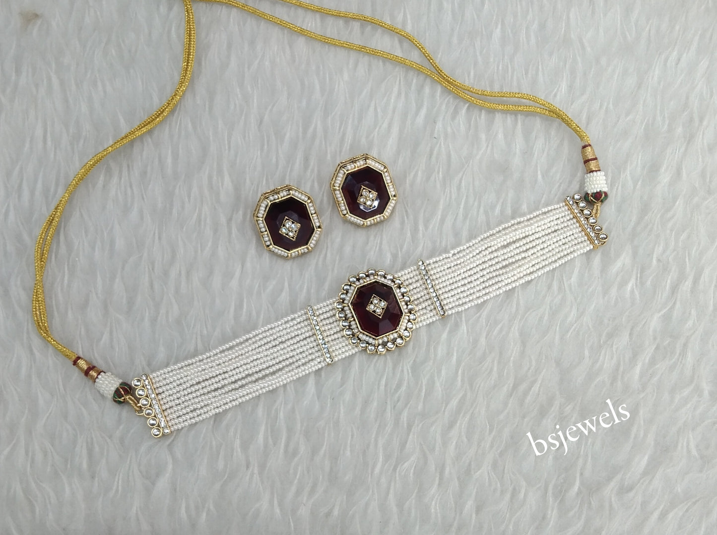 Gold Maroon Kundan Choker Jewellery Eman Sets
