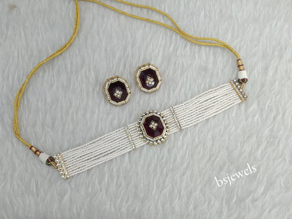 Gold Maroon Kundan Choker Jewellery Eman Sets