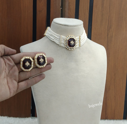 Gold Maroon Kundan Choker Jewellery Eman Sets