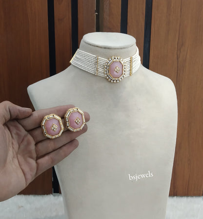 Gold Pink Kundan Choker Jewellery Eman Sets