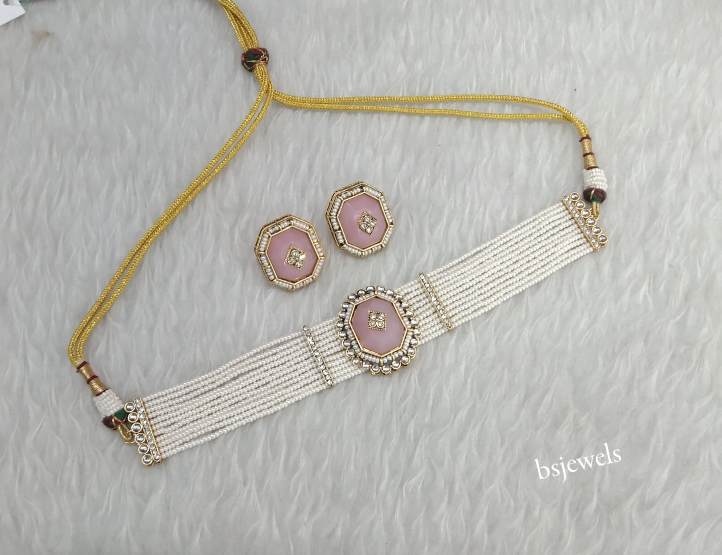 Gold Pink Kundan Choker Jewellery Eman Sets