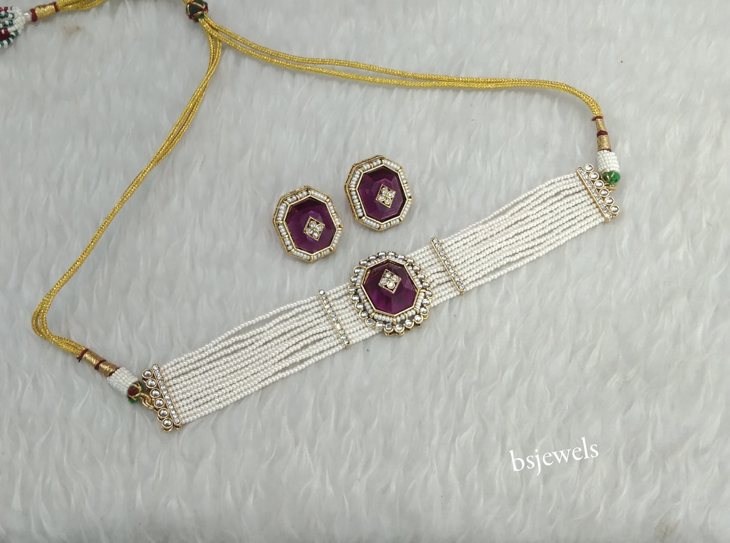 Gold Purple Kundan Choker Jewellery Eman Sets