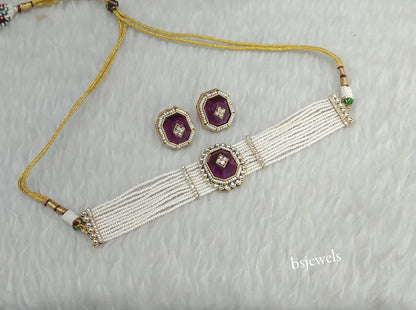 Gold Purple Kundan Choker Jewellery Eman Sets