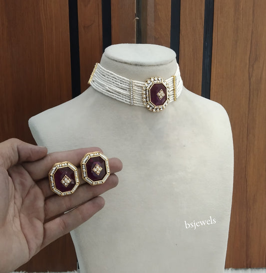 Gold Purple Kundan Choker Jewellery Eman Sets