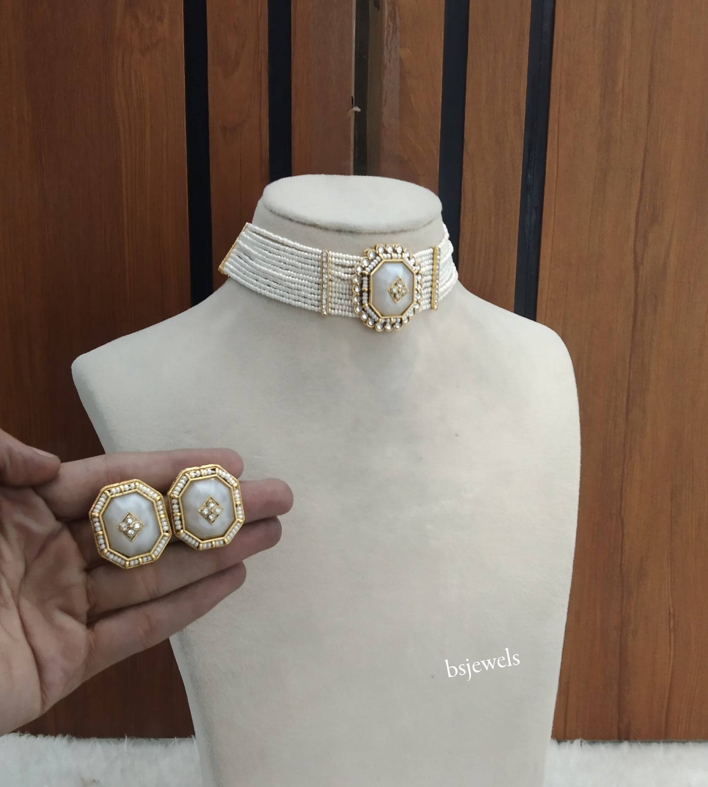 Gold White Kundan Choker Jewellery Eman Sets