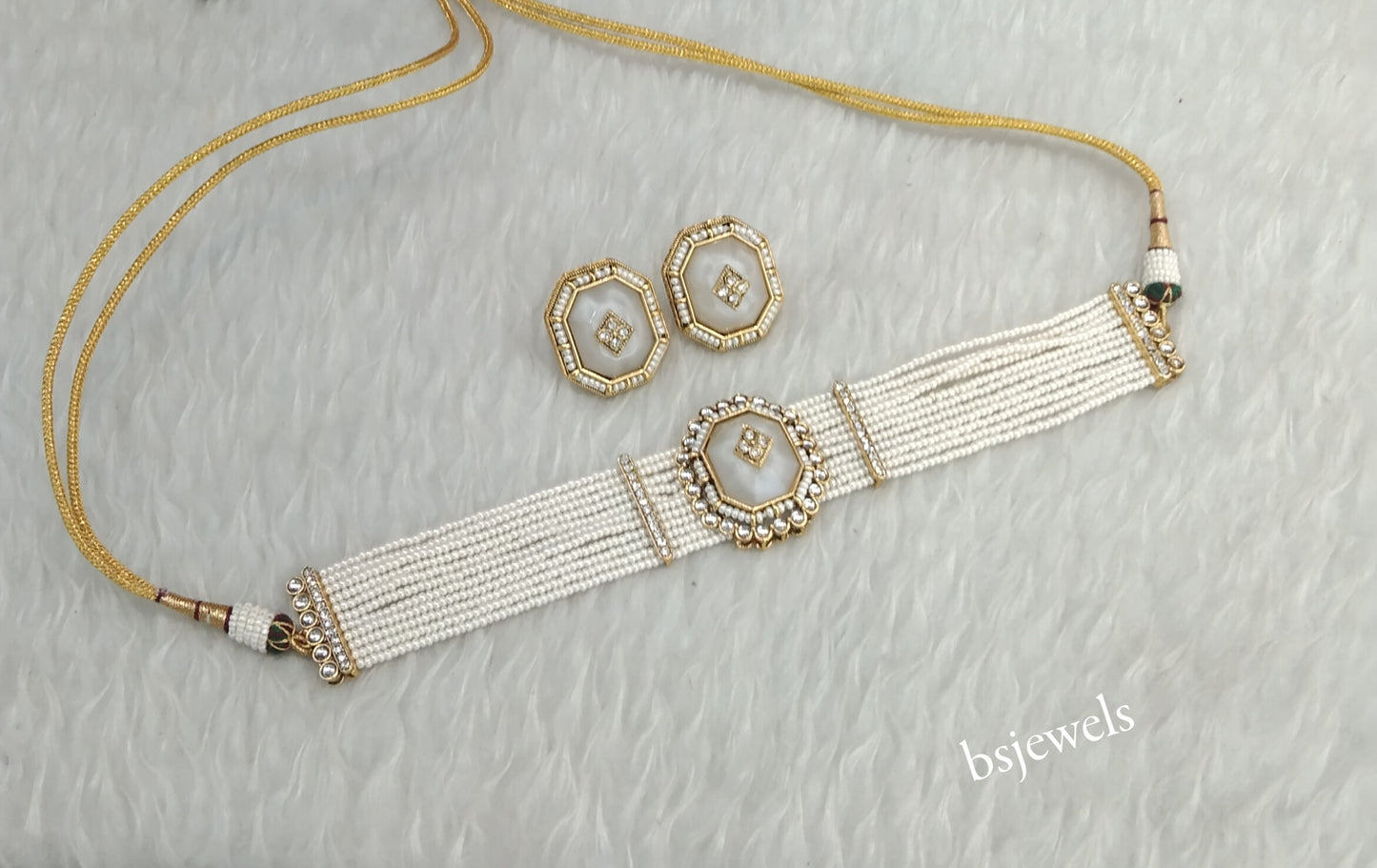 Gold White Kundan Choker Jewellery Eman Sets