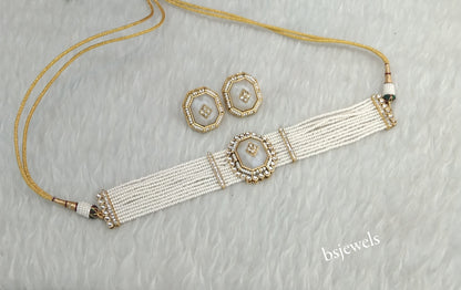Gold White Kundan Choker Jewellery Eman Sets