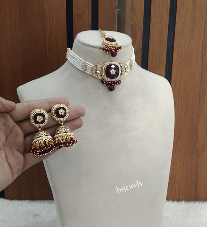 Gold Maroon Kundan Choker Jewellery Asma Sets