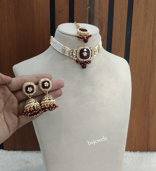 Gold Maroon Kundan Choker Jewellery Asma Sets