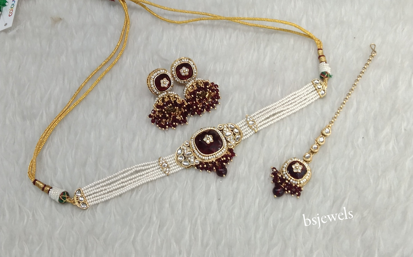 Gold Maroon Kundan Choker Jewellery Asma Sets