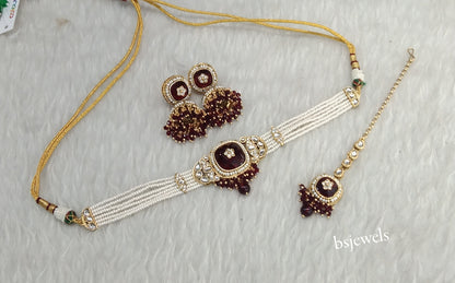 Gold Maroon Kundan Choker Jewellery Asma Sets