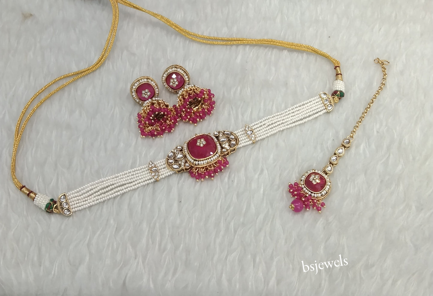 Gold Dark Pink Kundan Choker Jewellery Asma Sets