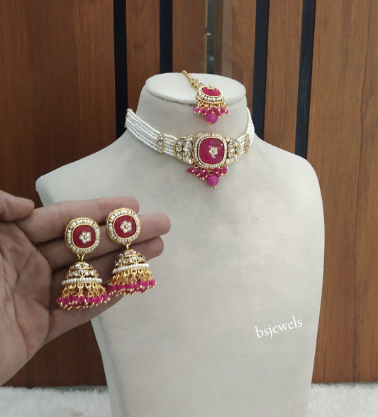 Gold Dark Pink Kundan Choker Jewellery Asma Sets