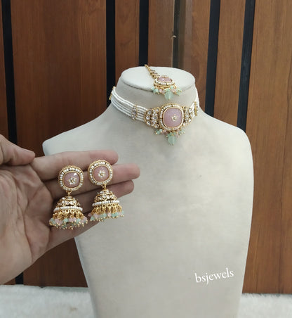 Gold Mint Pink Kundan Choker Jewellery Asma Sets