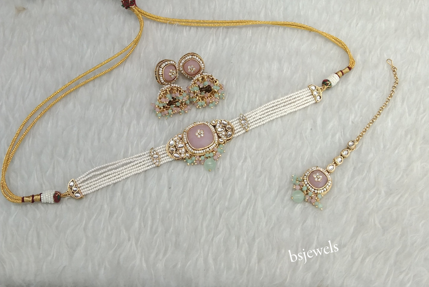 Gold Mint Pink Kundan Choker Jewellery Asma Sets