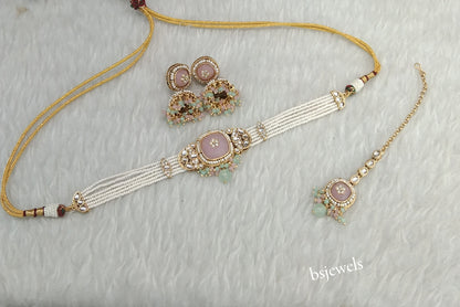 Gold Mint Pink Kundan Choker Jewellery Asma Sets