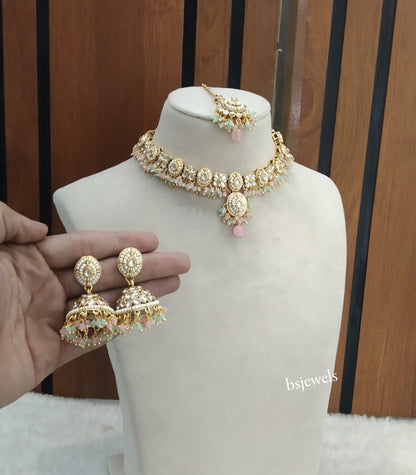 Gold Mint Pink Kundan Rania Necklace sets