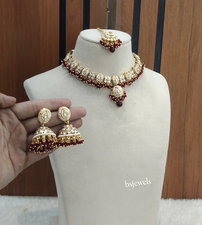 Gold Maroon Kundan Rania Necklace sets