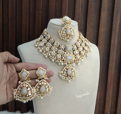 Gold White Kundan Lily Necklace sets