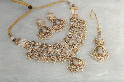 Gold White Kundan Lily Necklace sets