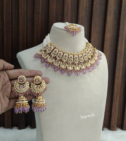 Gold Lavender Kundan Zola Necklace sets