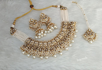 Gold White Kundan Zola Necklace sets