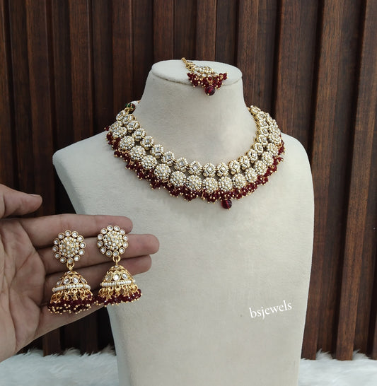 Gold Maroon Kundan Mila Necklace sets