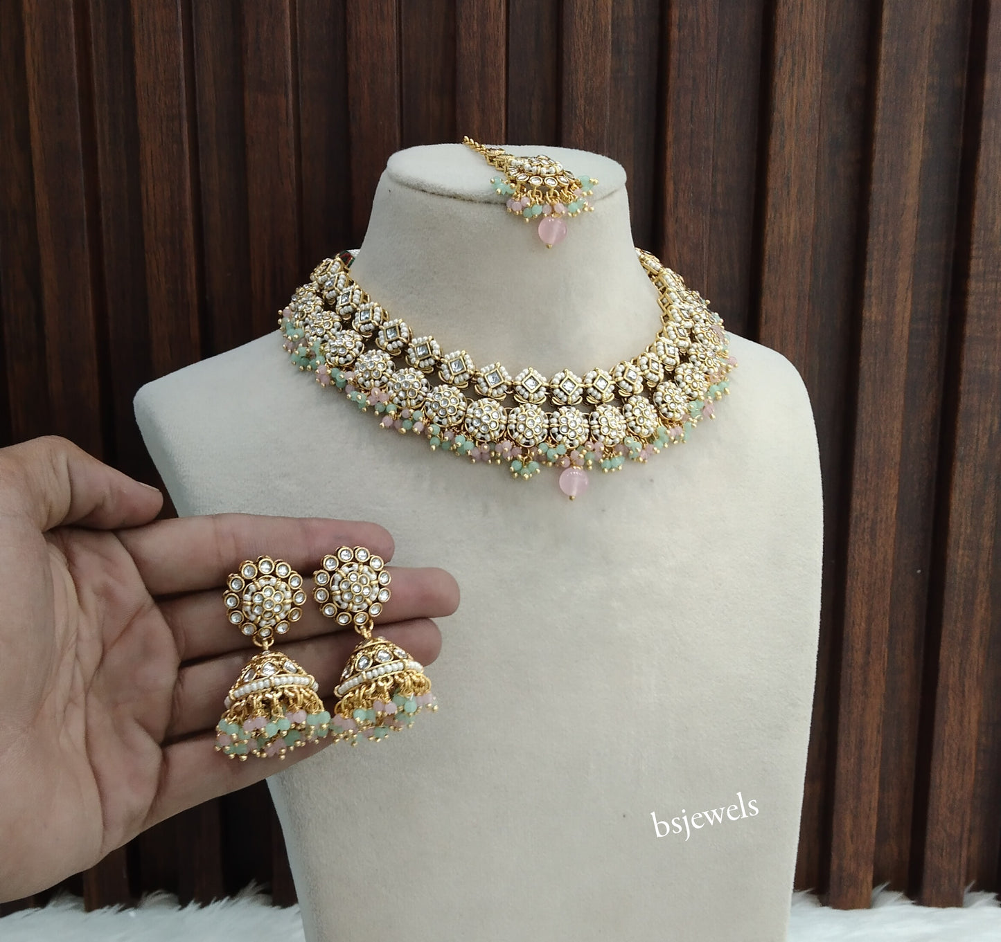 Gold Mint Pink Kundan Mila Necklace sets